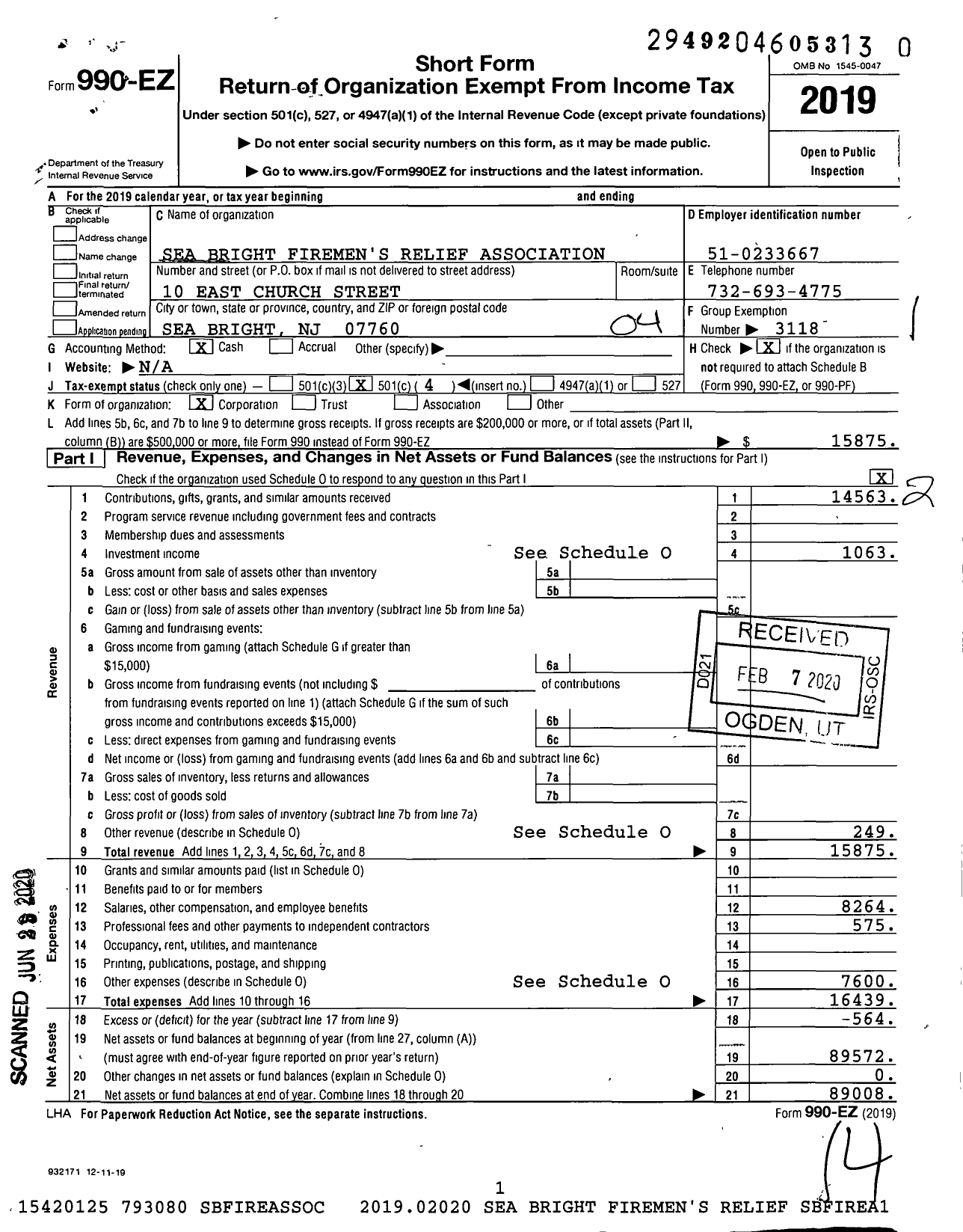 Image of first page of 2019 Form 990EO for New Jersey State Firemen's Association - Sea Bright