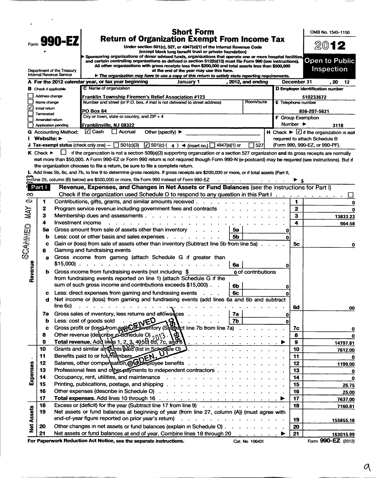 Image of first page of 2012 Form 990EO for New Jersey State Firemen's Association - Franklin TWSP