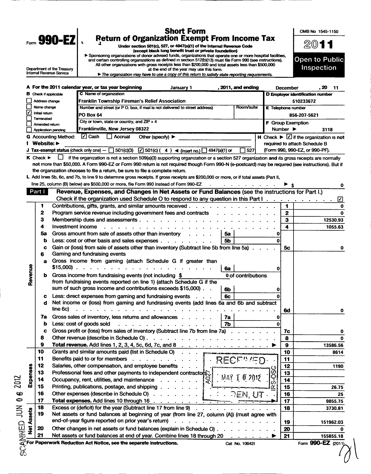 Image of first page of 2011 Form 990EO for New Jersey State Firemen's Association - Franklin TWSP