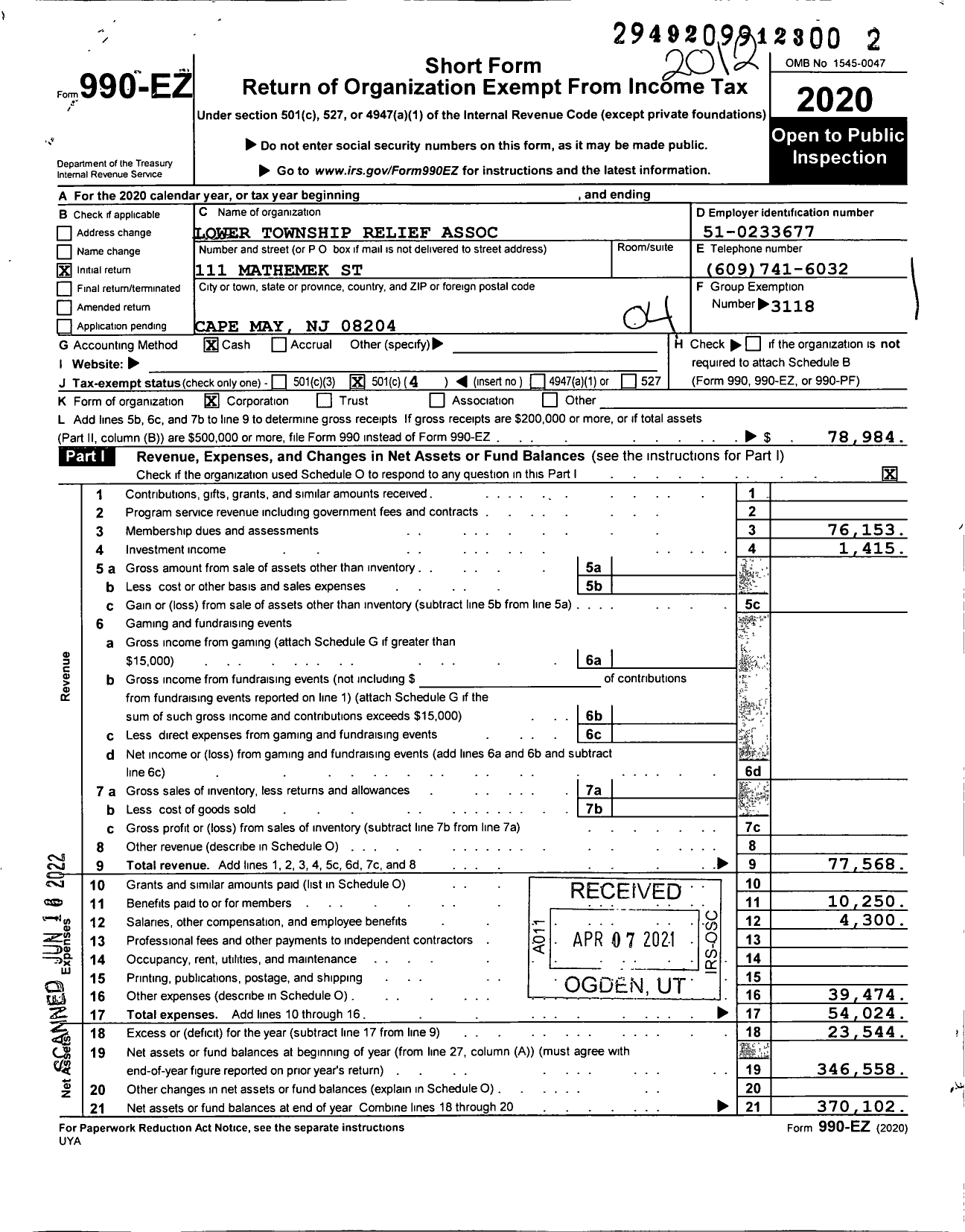 Image of first page of 2020 Form 990EO for New Jersey State Firemen's Association - Lower TWSP