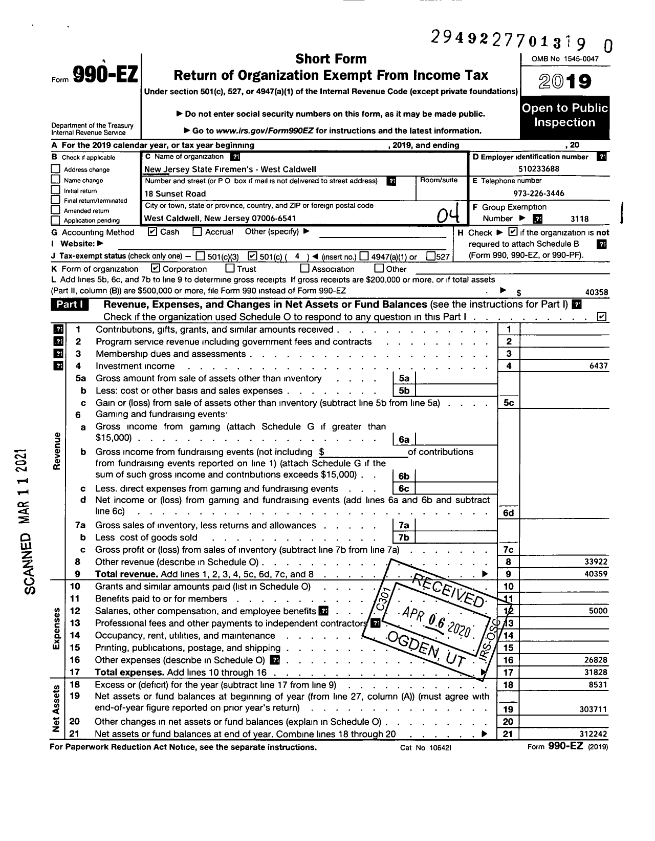 Image of first page of 2019 Form 990EO for New Jersey State Firemen's Association - West Caldwell