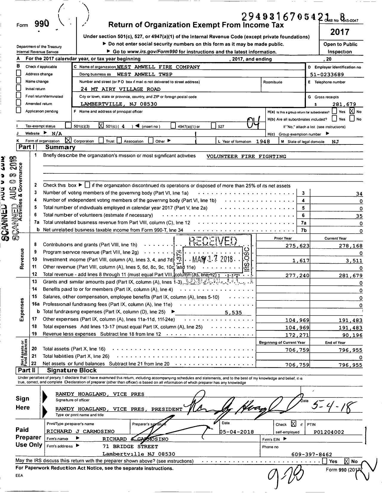 Image of first page of 2017 Form 990O for New Jersey State Firemen's Association - West Amwell TWSP