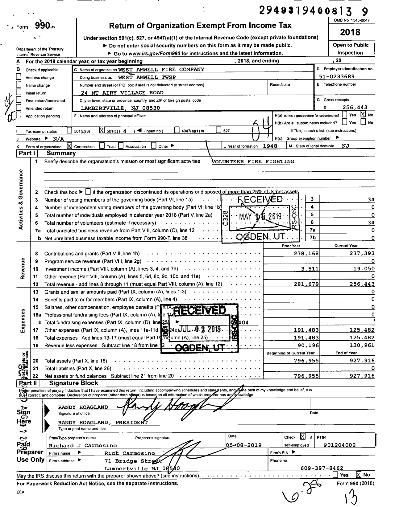 Image of first page of 2018 Form 990O for New Jersey State Firemen's Association - West Amwell TWSP