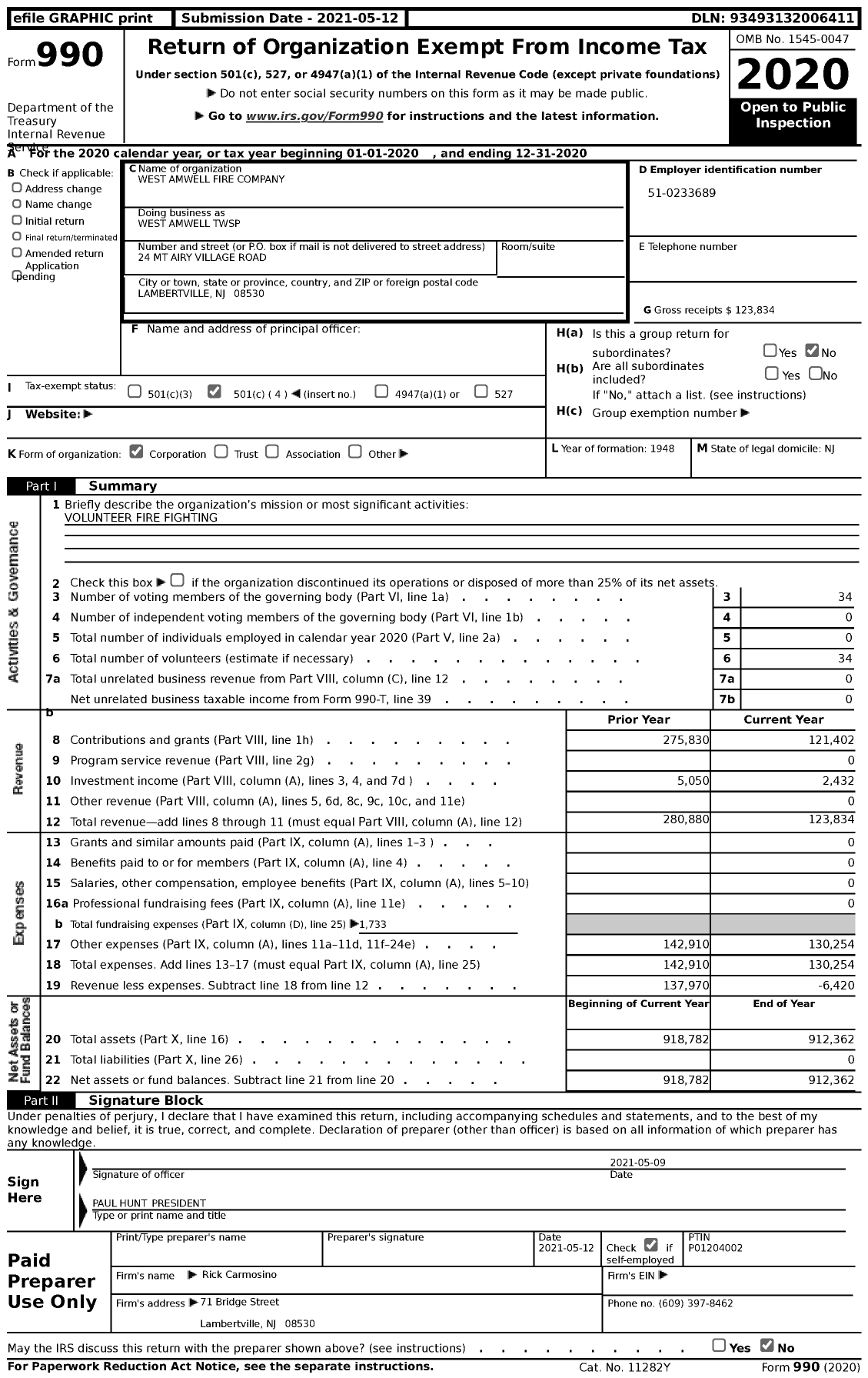 Image of first page of 2020 Form 990 for New Jersey State Firemen's Association - West Amwell TWSP
