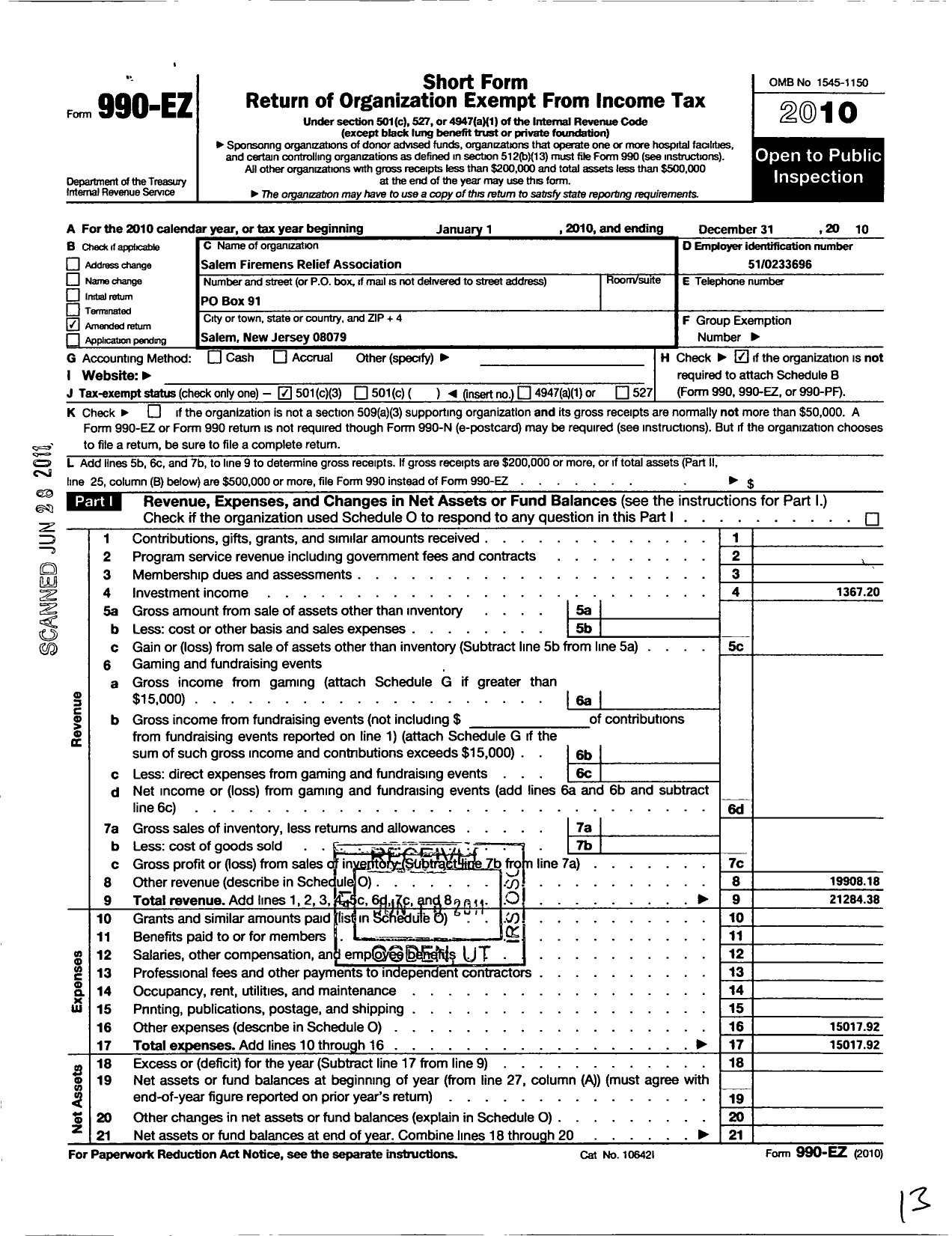 Image of first page of 2010 Form 990EZ for New Jersey State Firemen's Association - Bloomingdale