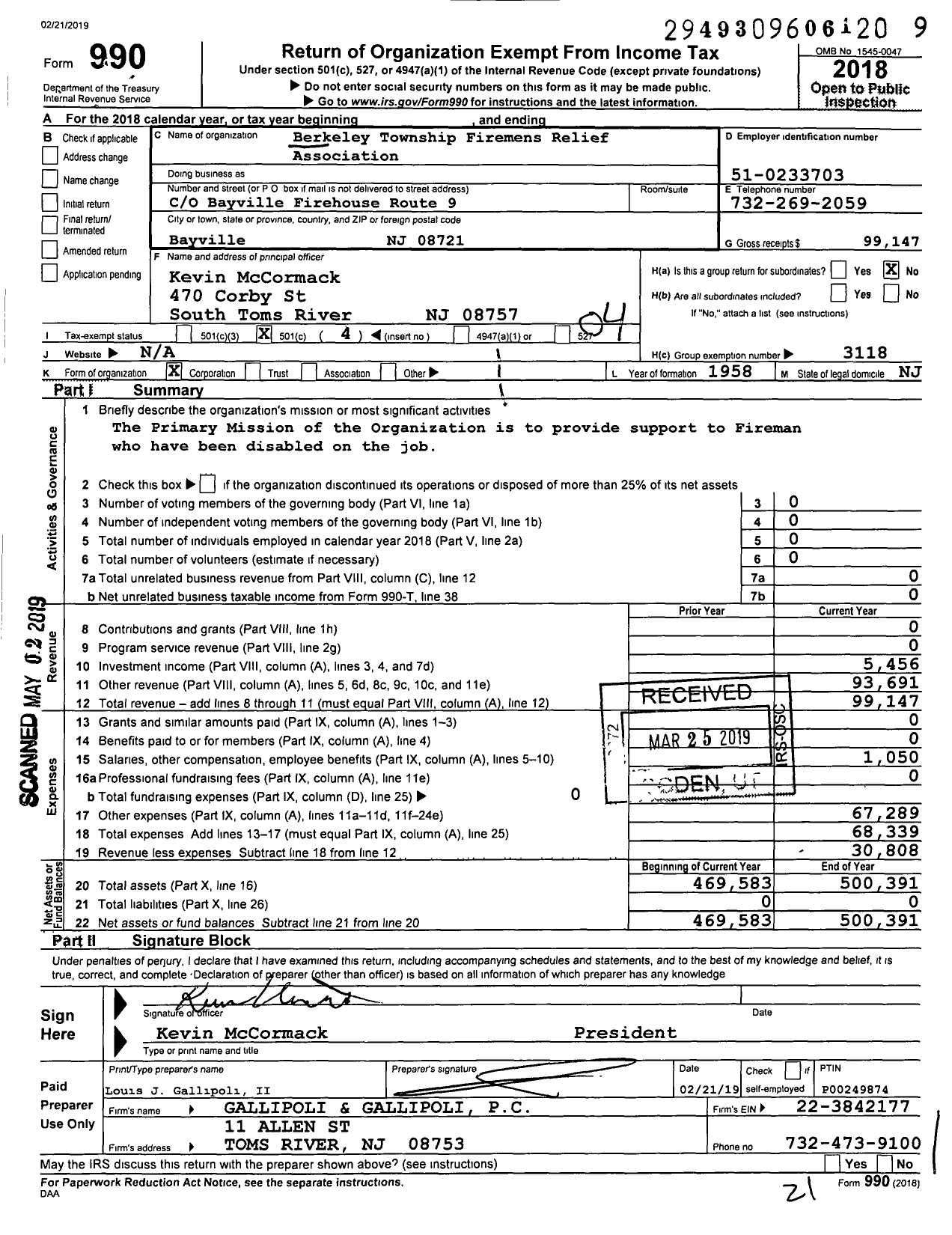 Image of first page of 2018 Form 990O for Berkeley Township Firemens Relief Association