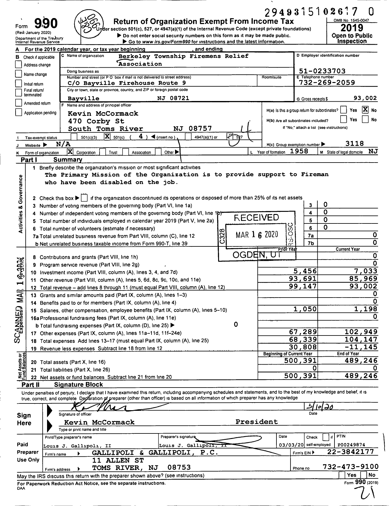 Image of first page of 2019 Form 990O for Berkeley Township Firemens Relief Association