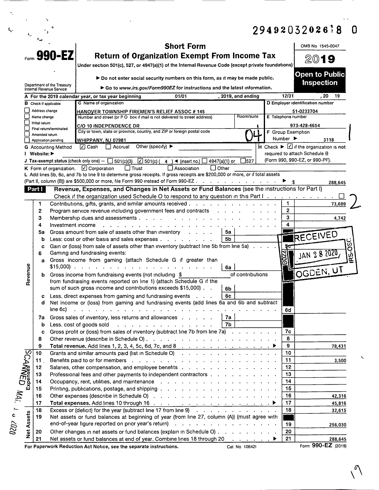 Image of first page of 2019 Form 990EO for New Jersey State Firemen's Association - Hanover TWSP