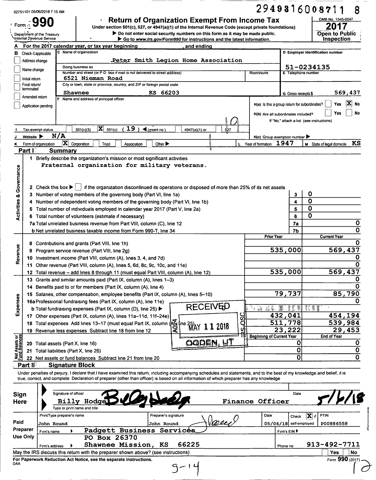 Image of first page of 2017 Form 990O for American Legion - 327 Peter Smith