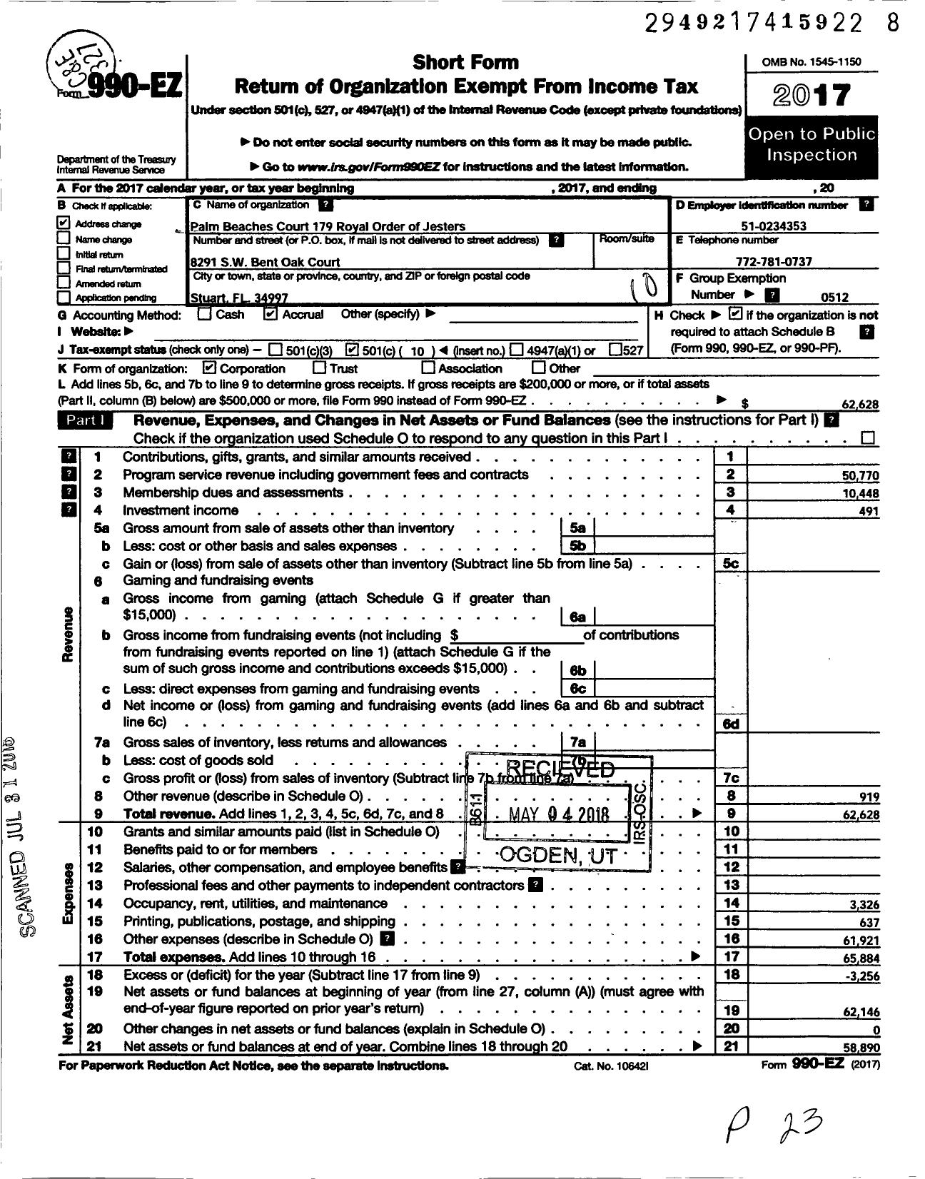 Image of first page of 2017 Form 990EO for Royal Order of Jesters - 179 Palm Beaches Court