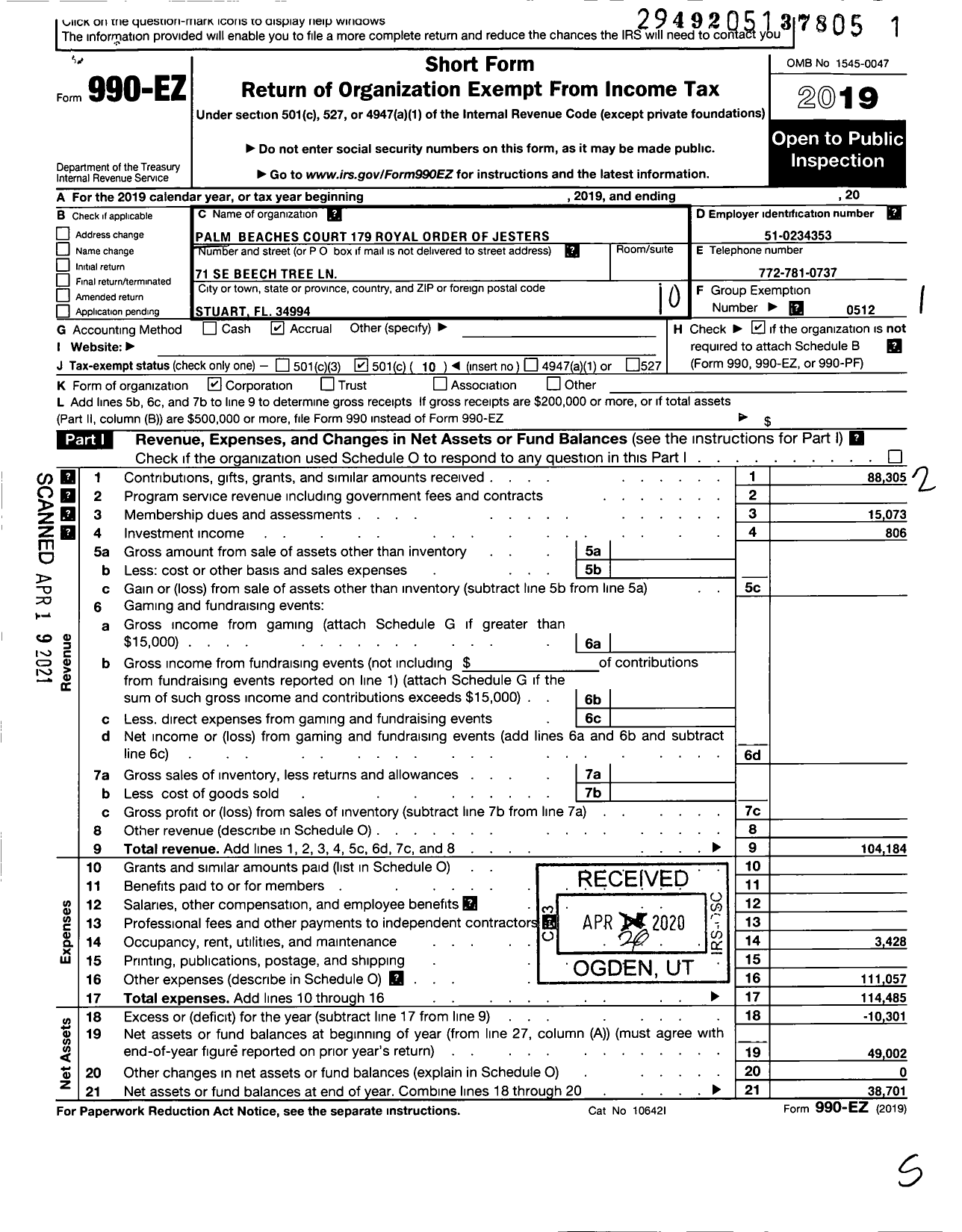 Image of first page of 2019 Form 990EO for Royal Order of Jesters - 179 Palm Beaches Court