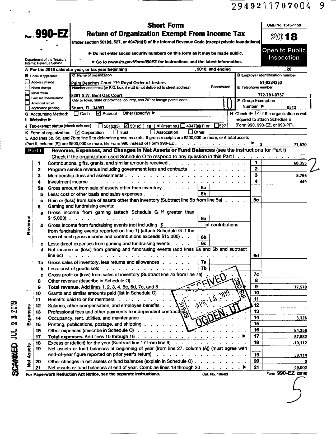 Image of first page of 2018 Form 990EO for Royal Order of Jesters - 179 Palm Beaches Court