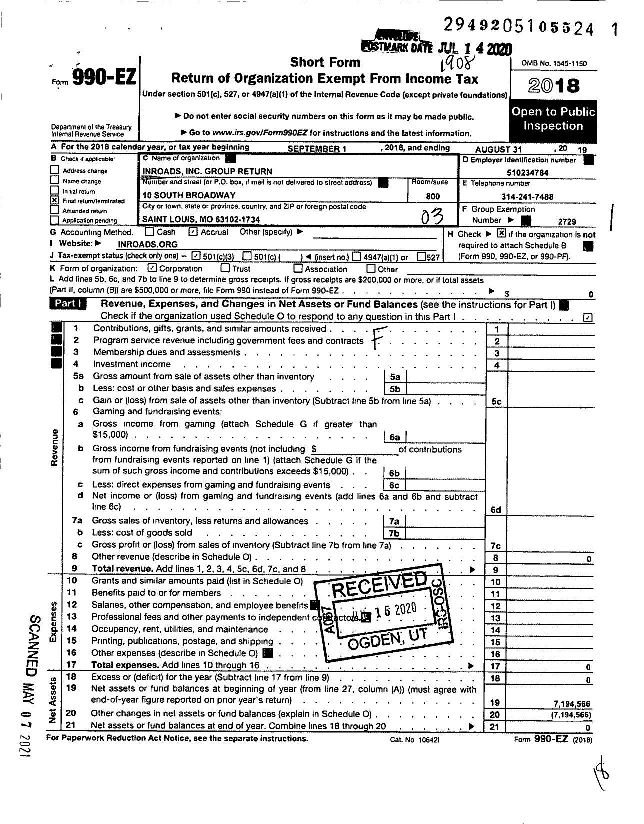 Image of first page of 2018 Form 990EZ for INROADS Group Return