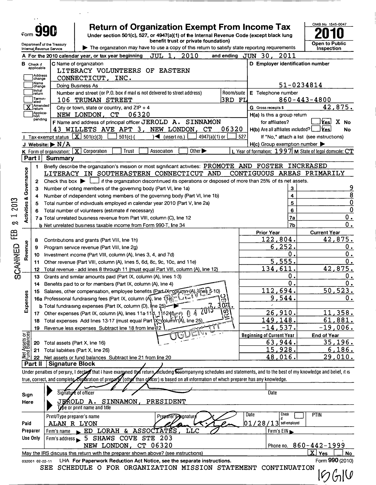 Image of first page of 2010 Form 990 for Literacy Volunteers of Eastern Connecticut