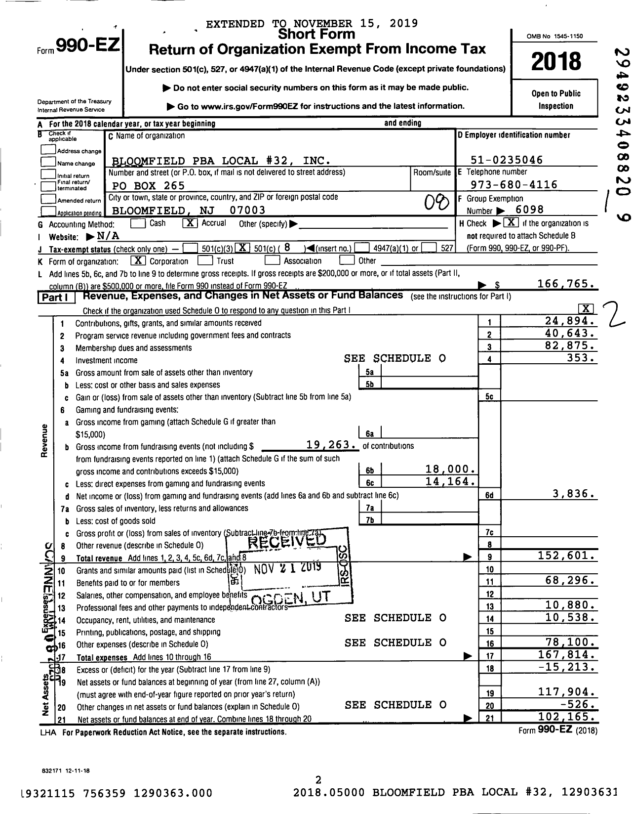 Image of first page of 2018 Form 990EO for NJ State Patrolmen's Benevolent Association - 32 Bloomfield