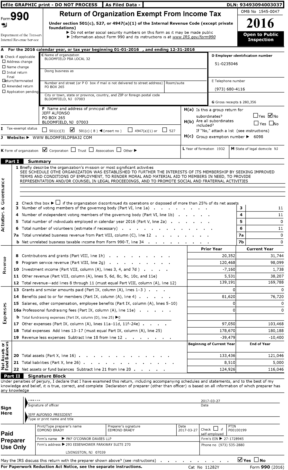 Image of first page of 2016 Form 990O for NJ State Patrolmen's Benevolent Association - 32 Bloomfield