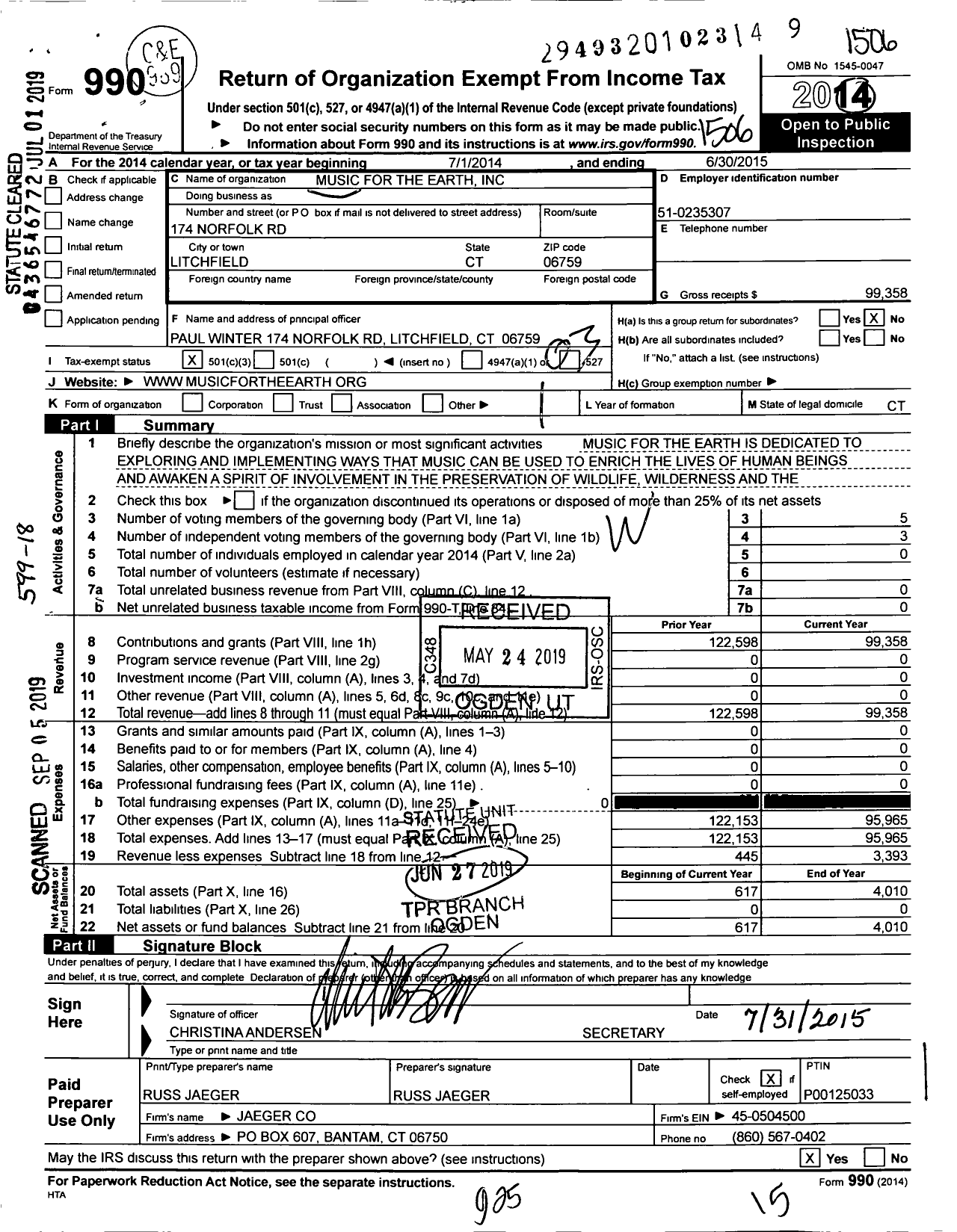 Image of first page of 2014 Form 990 for Music for the Earth