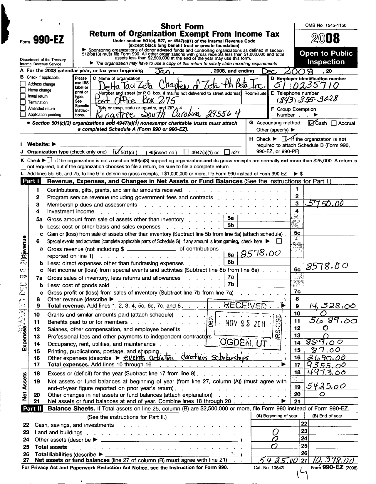 Image of first page of 2008 Form 990EO for Zeta Phi Beta Sorority / Delta Tau Zeta Chapter