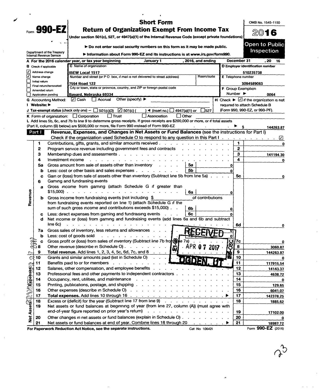 Image of first page of 2016 Form 990EO for International Brotherhood of Electrical Workers - 1517 Local Union