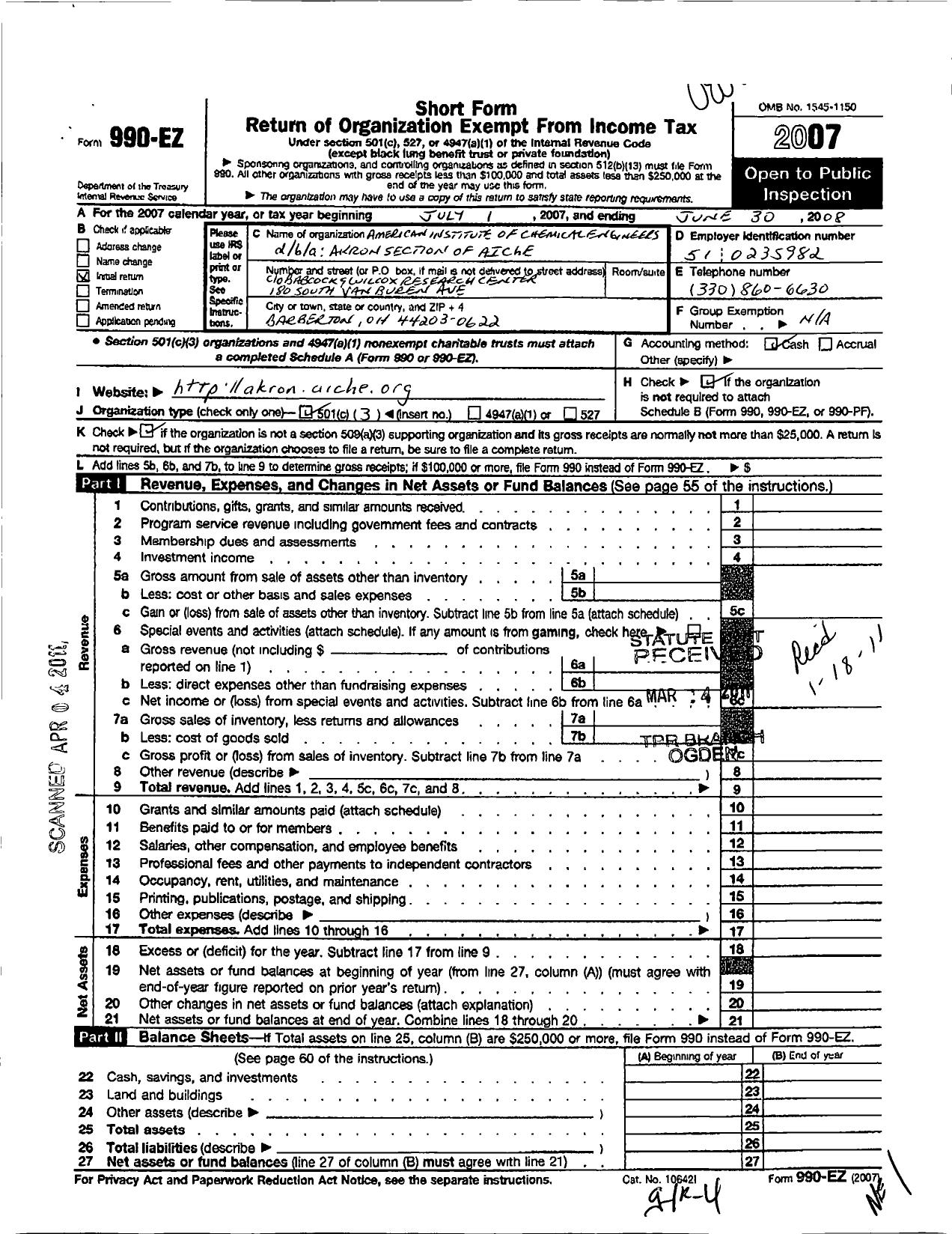 Image of first page of 2007 Form 990EZ for American Institute of Chemical Engineers - 10 Akron Local Section