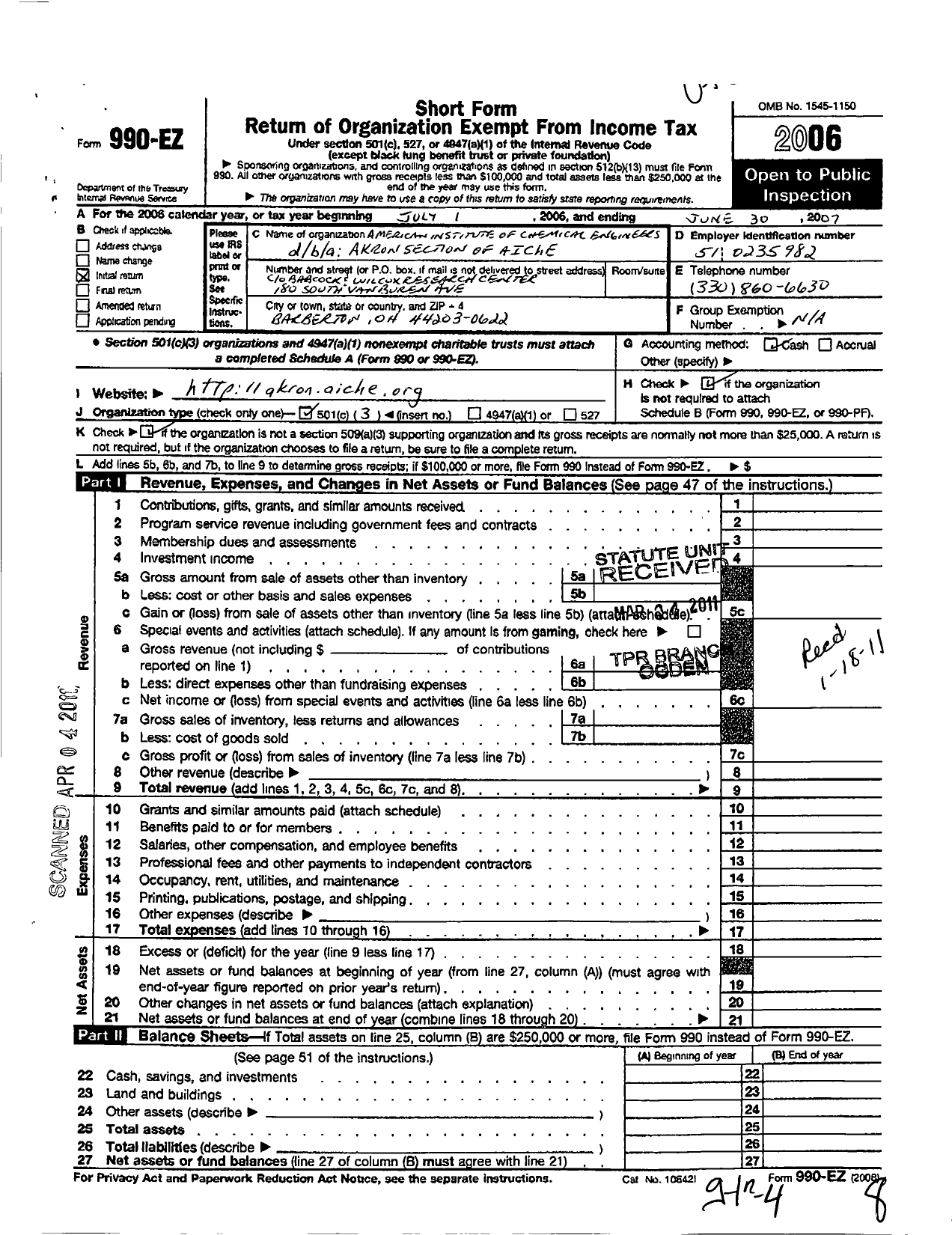 Image of first page of 2006 Form 990EZ for American Institute of Chemical Engineers - 10 Akron Local Section