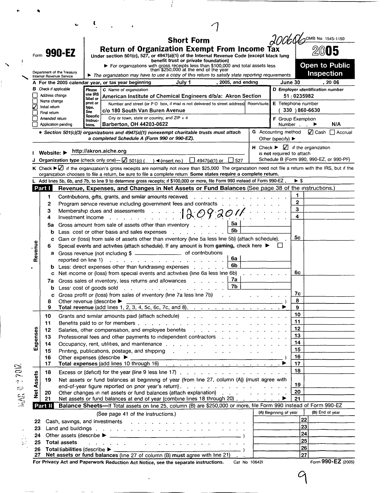 Image of first page of 2005 Form 990EO for American Institute of Chemical Engineers - 10 Akron Local Section