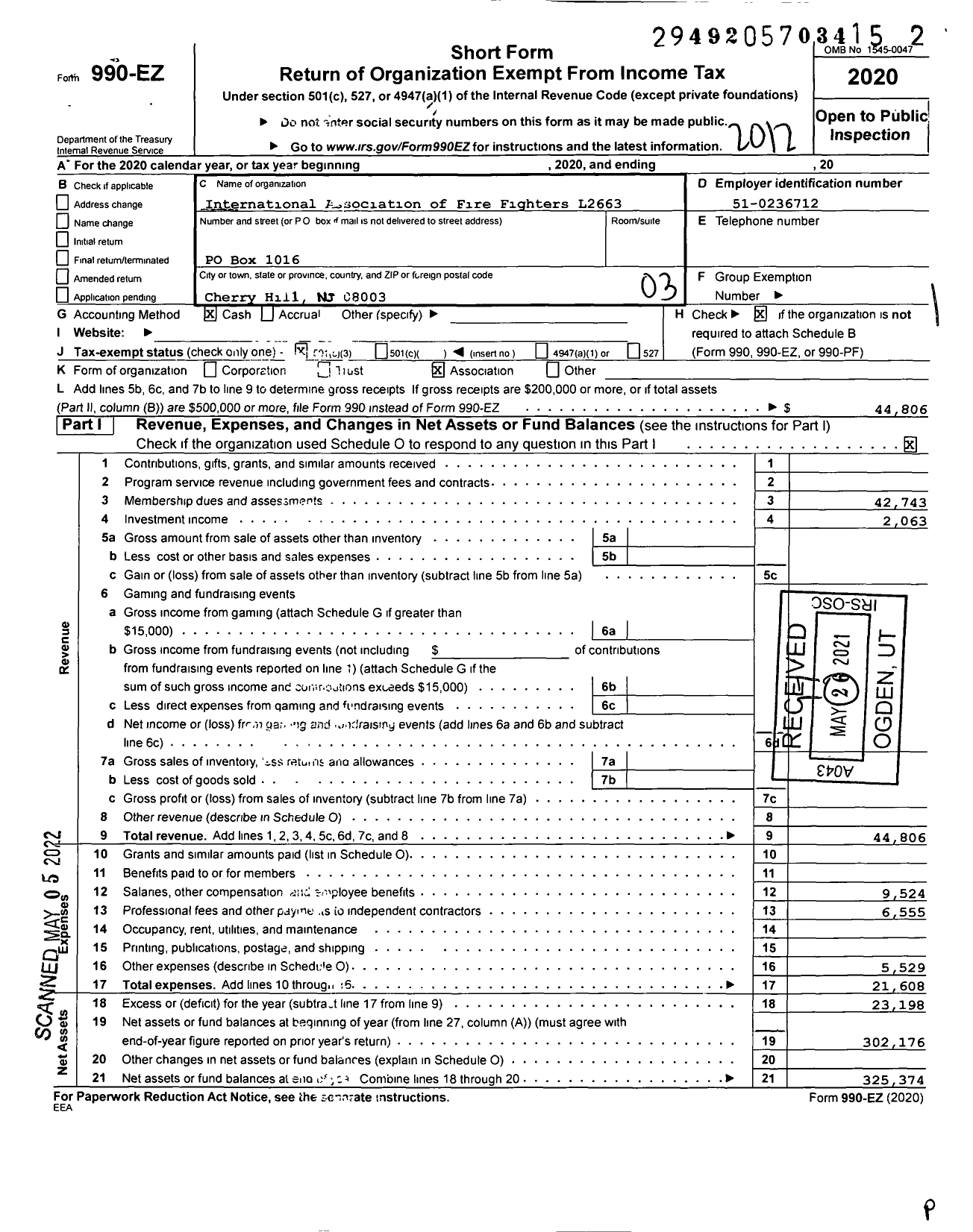 Image of first page of 2020 Form 990EZ for International Association of Fire Fighters - L2663 Inte Asso of Fire Fight Cherr