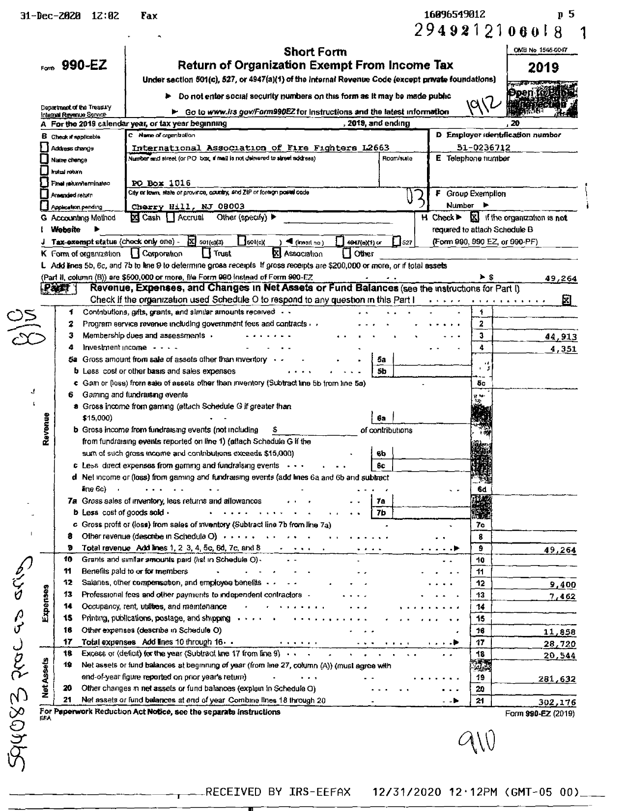 Image of first page of 2019 Form 990EO for International Association of Fire Fighters - L2663 Inte Asso of Fire Fight Cherr