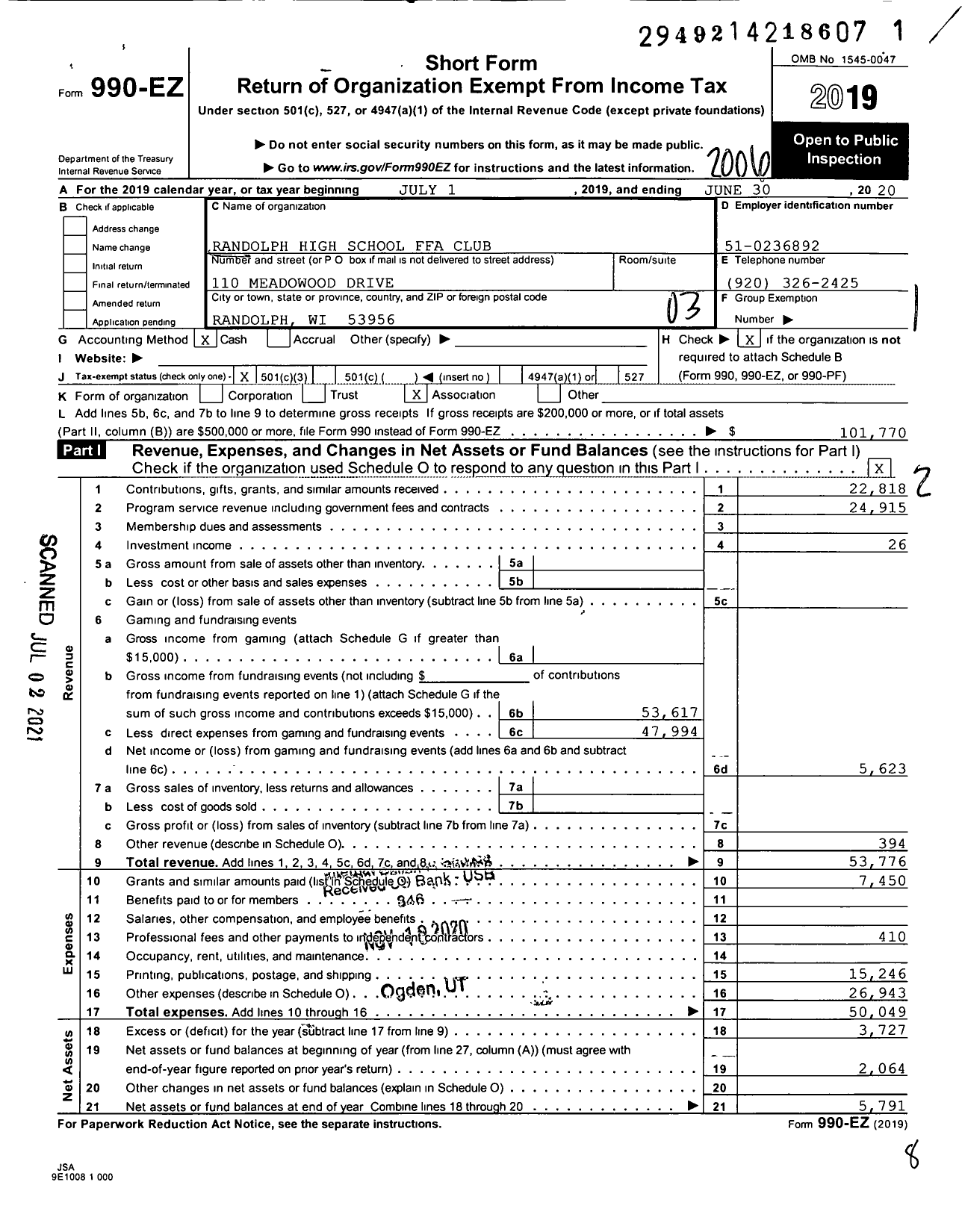 Image of first page of 2019 Form 990EZ for Future Farmers of America - Wi0029 Randolph HS Ffa