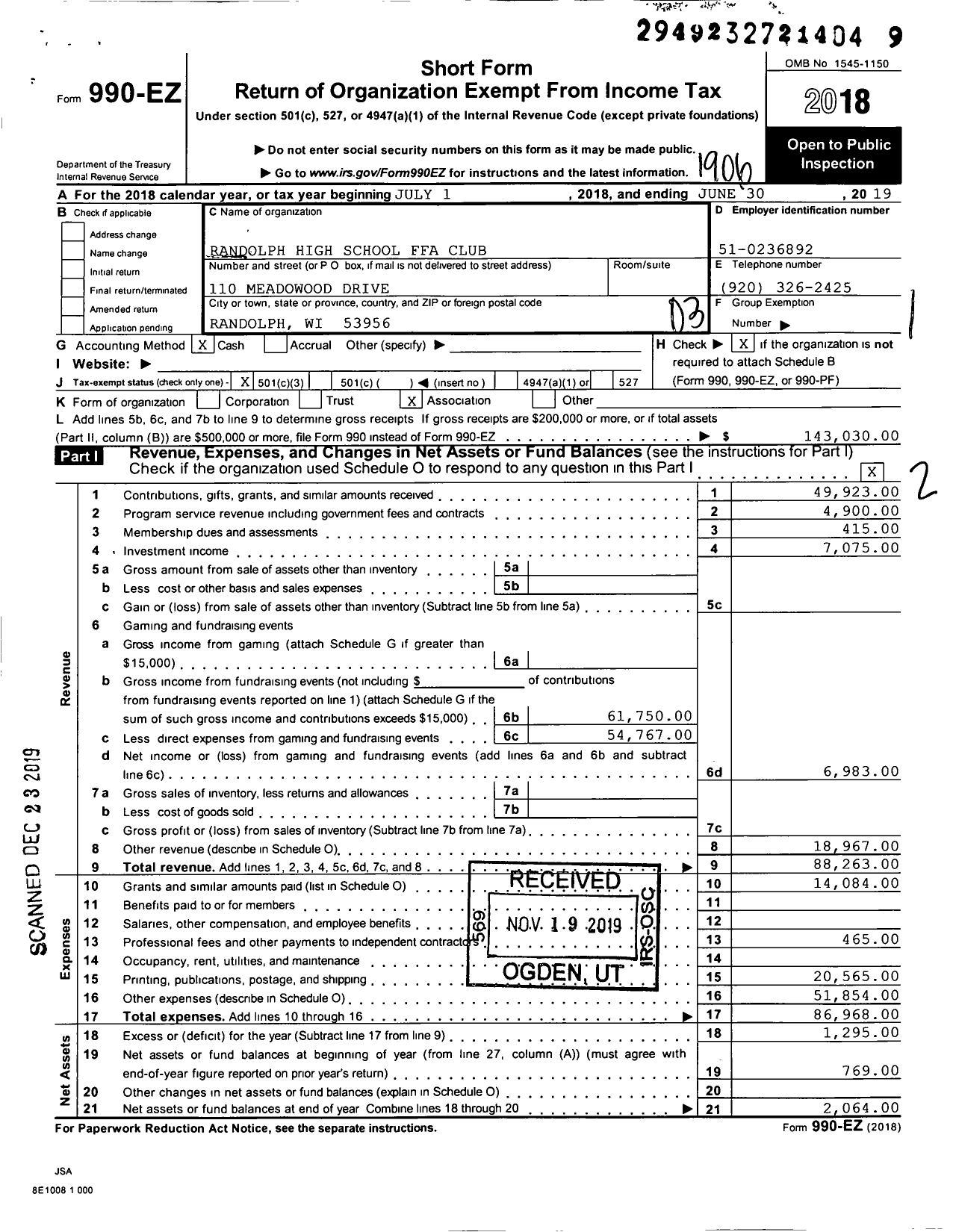 Image of first page of 2018 Form 990EZ for Future Farmers of America - Wi0029 Randolph HS Ffa