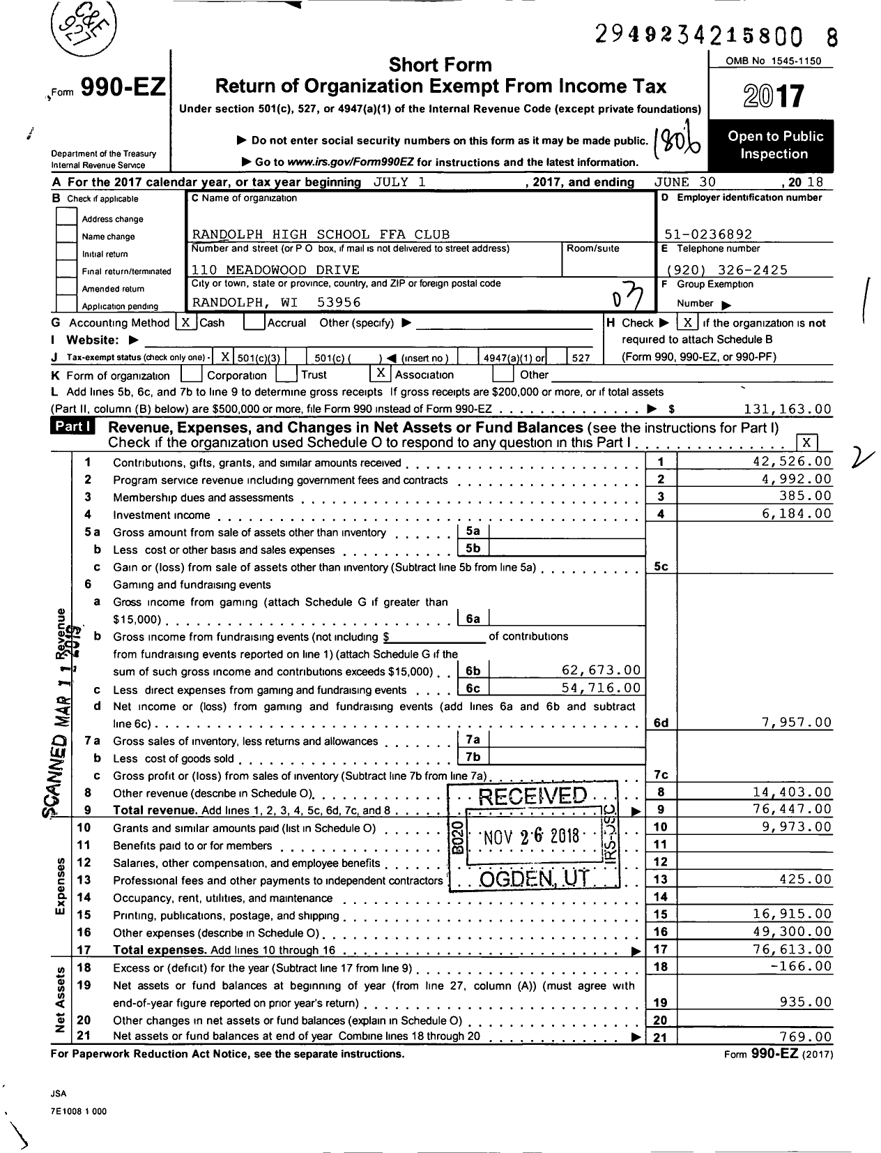 Image of first page of 2017 Form 990EZ for Future Farmers of America - Wi0029 Randolph HS Ffa