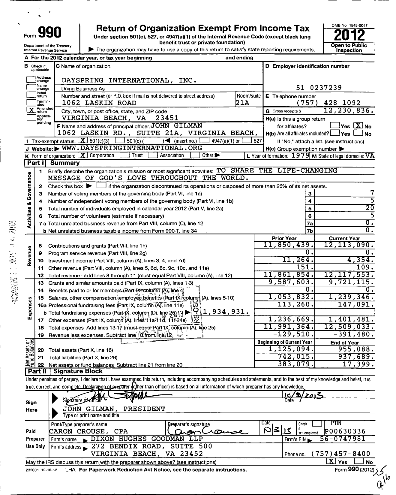 Image of first page of 2012 Form 990 for Dayspring International