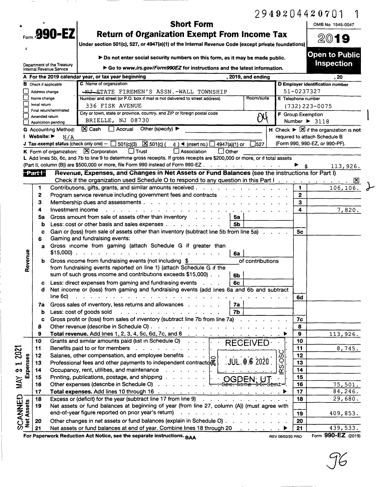 Image of first page of 2019 Form 990EO for New Jersey State Firemen's Association - Wall TWSP