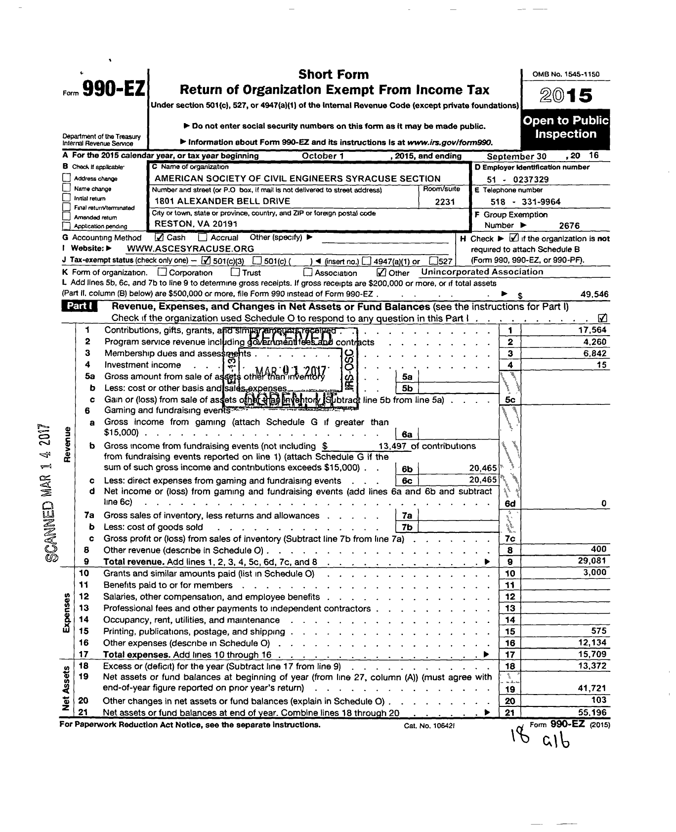 Image of first page of 2015 Form 990EZ for American Society of Civil Engineers / Syracuse Section