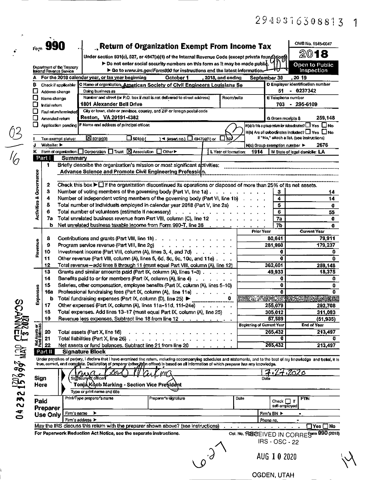 Image of first page of 2018 Form 990 for AMERICAN SOCIETY OF CIVIL ENGINEERS Louisiana Section