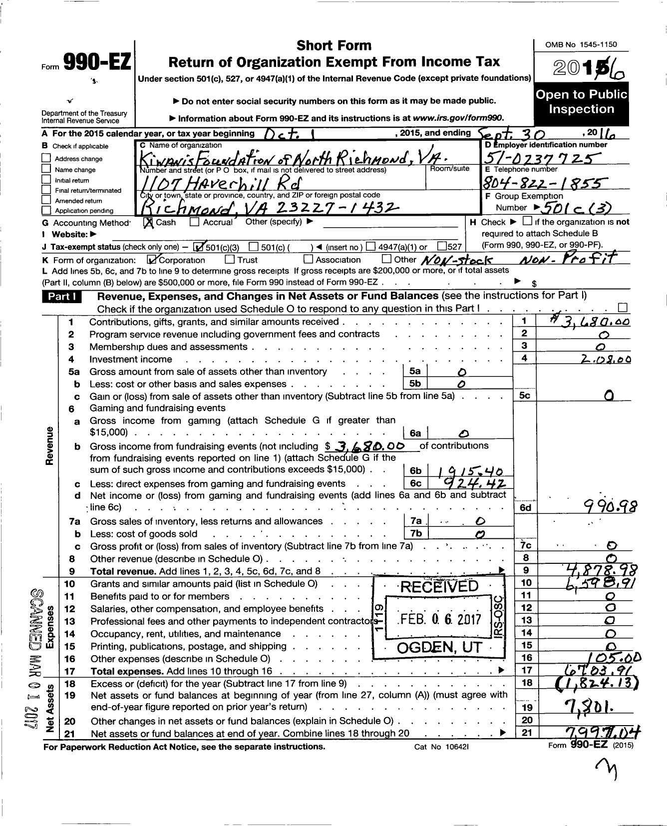 Image of first page of 2015 Form 990EZ for Kiwanis Foundation of North Richmond Va