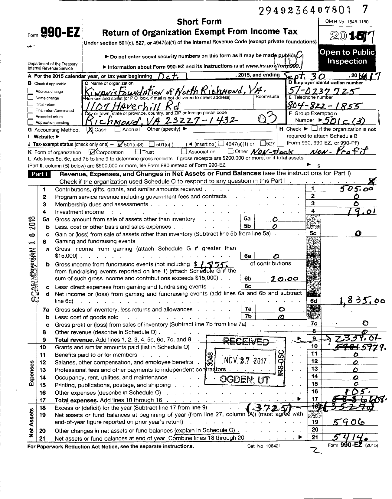 Image of first page of 2016 Form 990EZ for Kiwanis Foundation of North Richmond Va