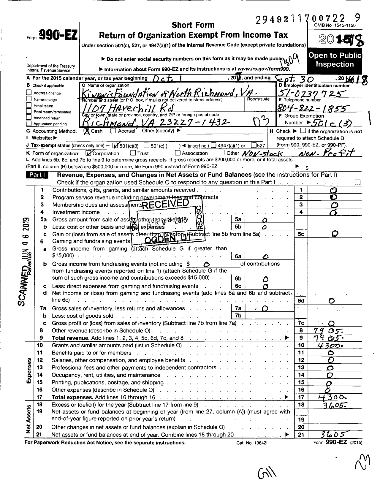 Image of first page of 2017 Form 990EZ for Kiwanis Foundation of North Richmond Va