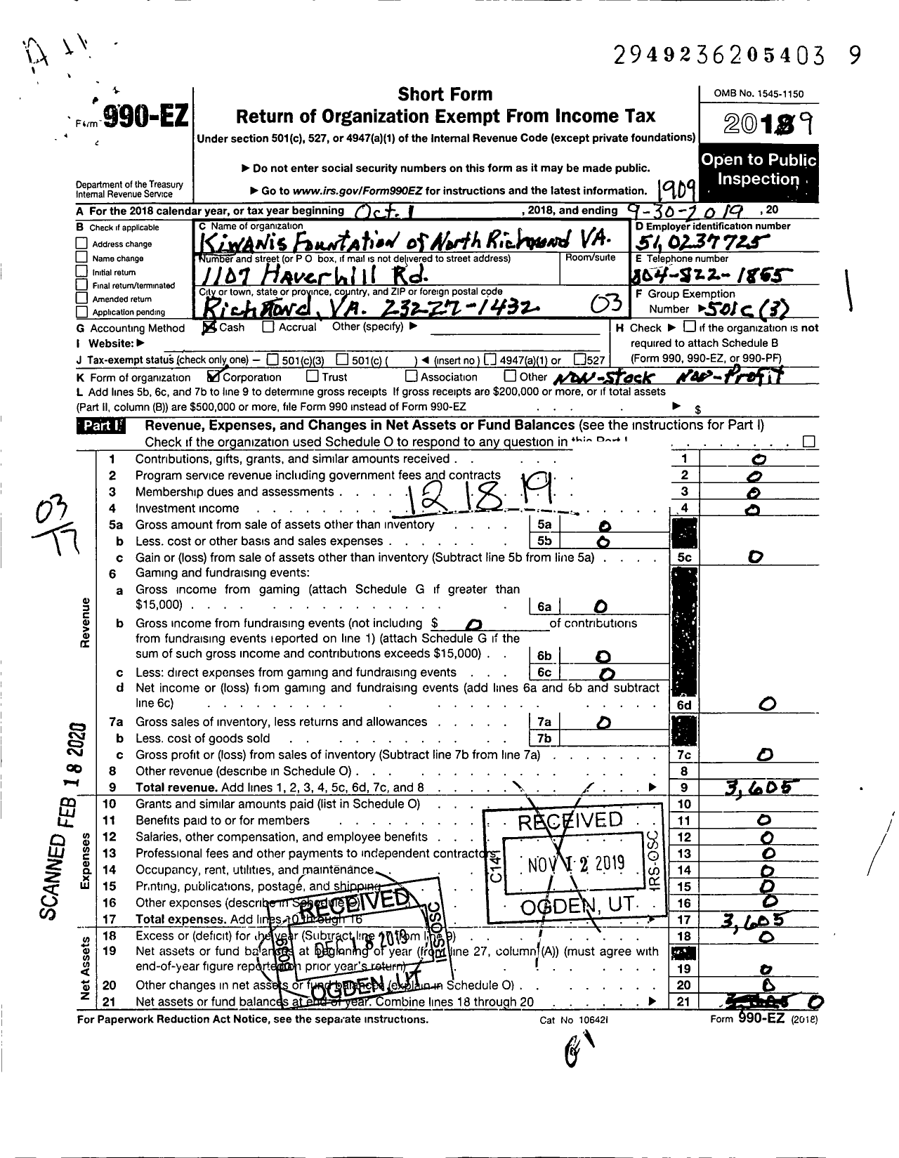 Image of first page of 2018 Form 990EZ for Kiwanis Foundation of North Richmond Va