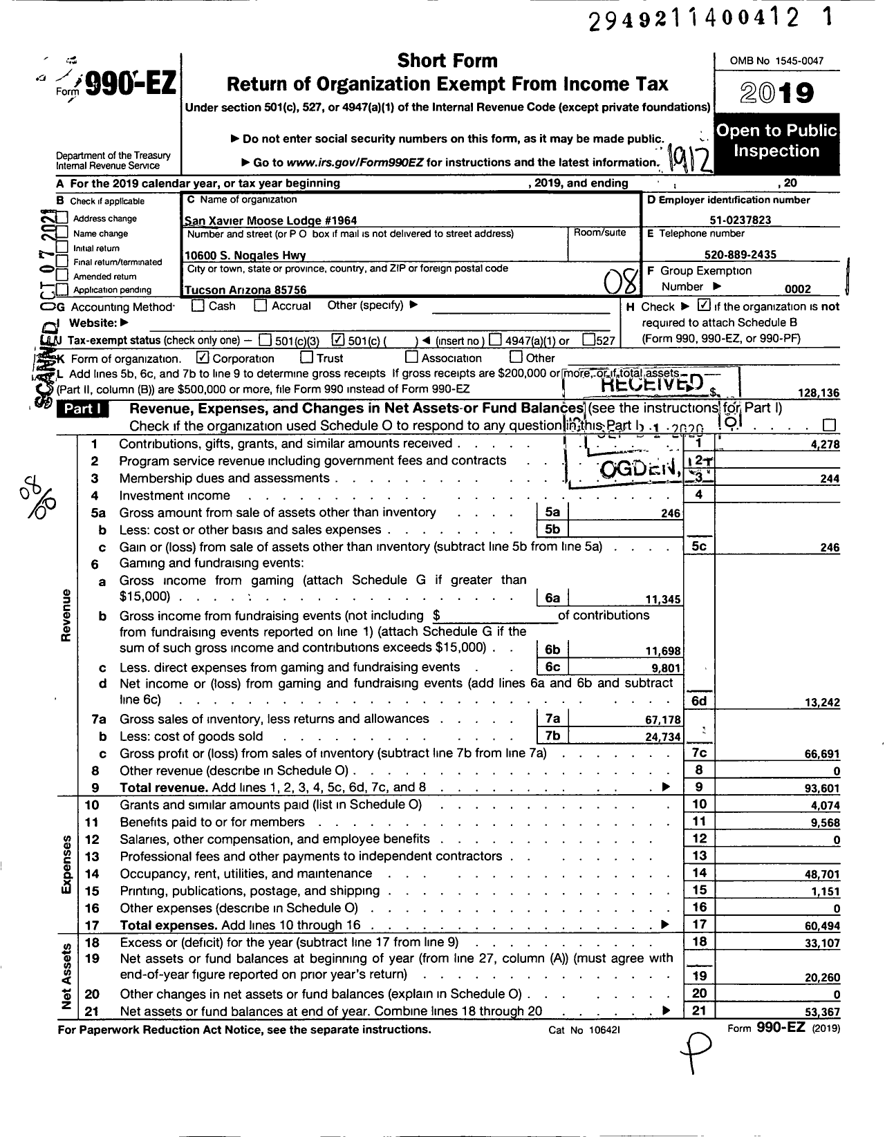 Image of first page of 2019 Form 990EO for Loyal Order of Moose - 1964