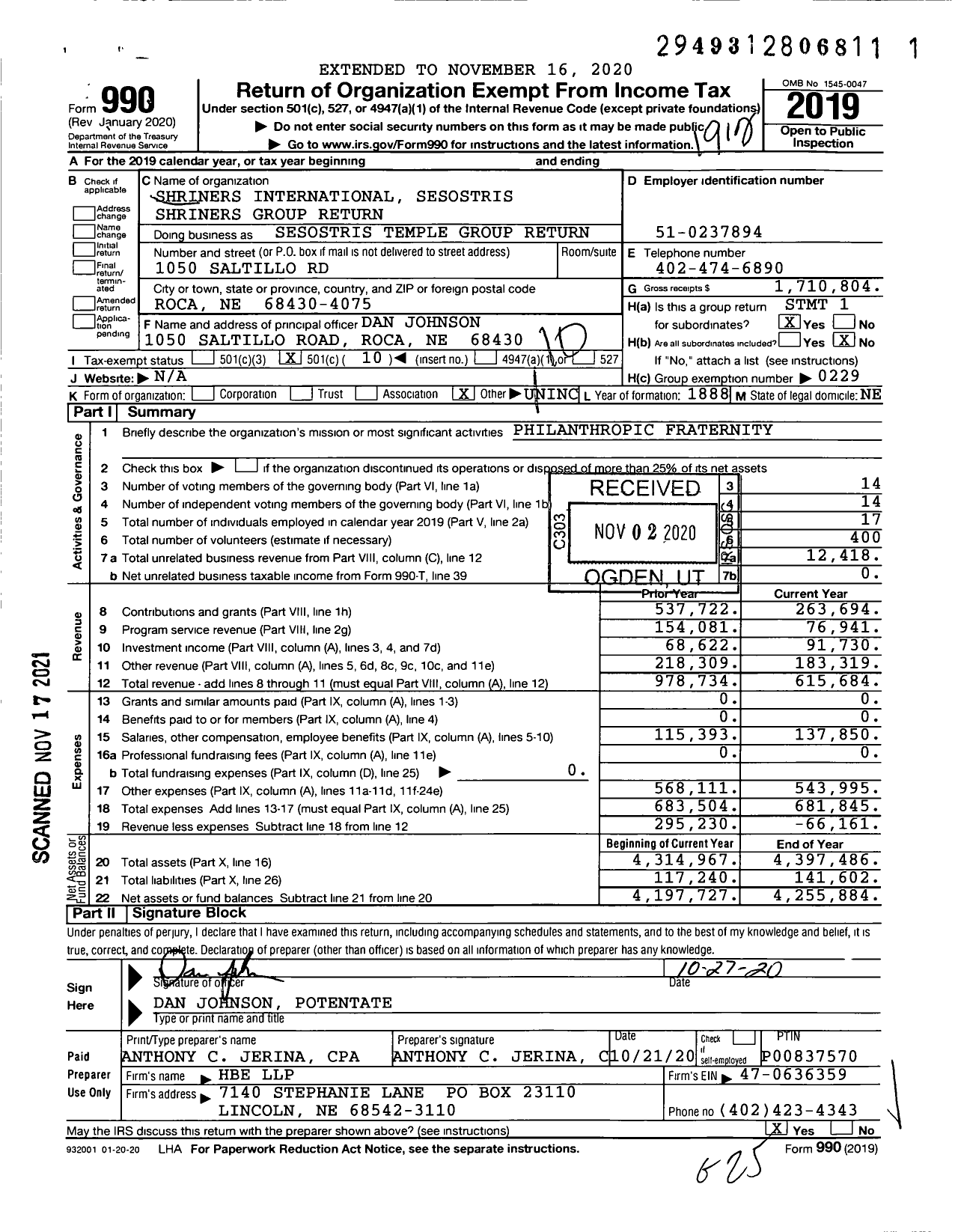 Image of first page of 2019 Form 990O for Shriners International - Sesostris Temple Group Return