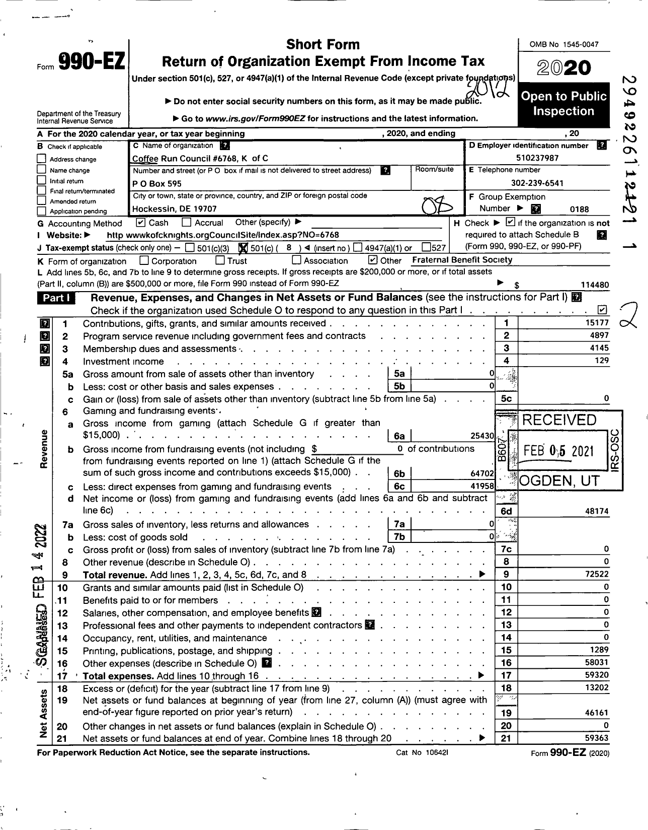 Image of first page of 2020 Form 990EO for Knights of Columbus - 6768 Coffee Run Council