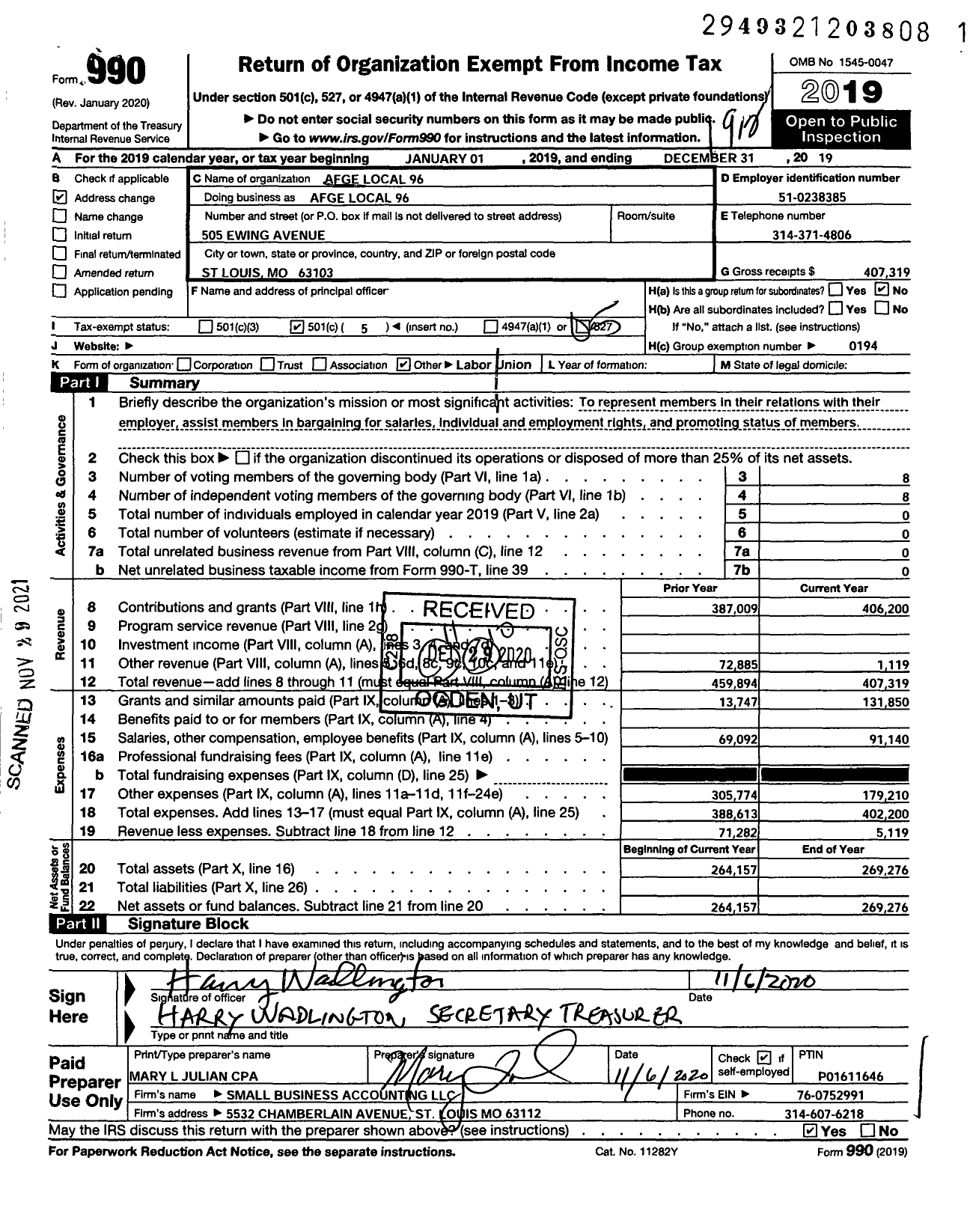 Image of first page of 2019 Form 990O for AFGE Local 96