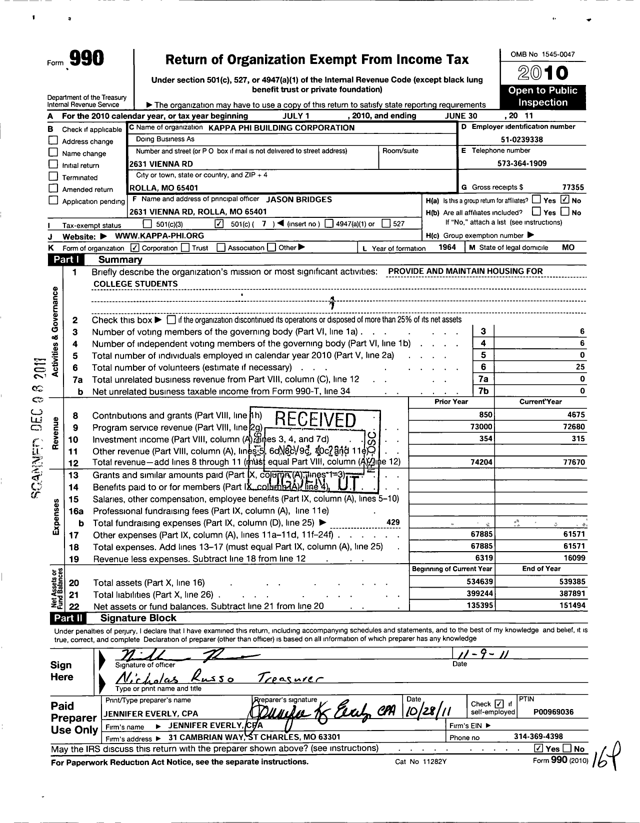 Image of first page of 2010 Form 990O for Kappa Phi Building Corporation