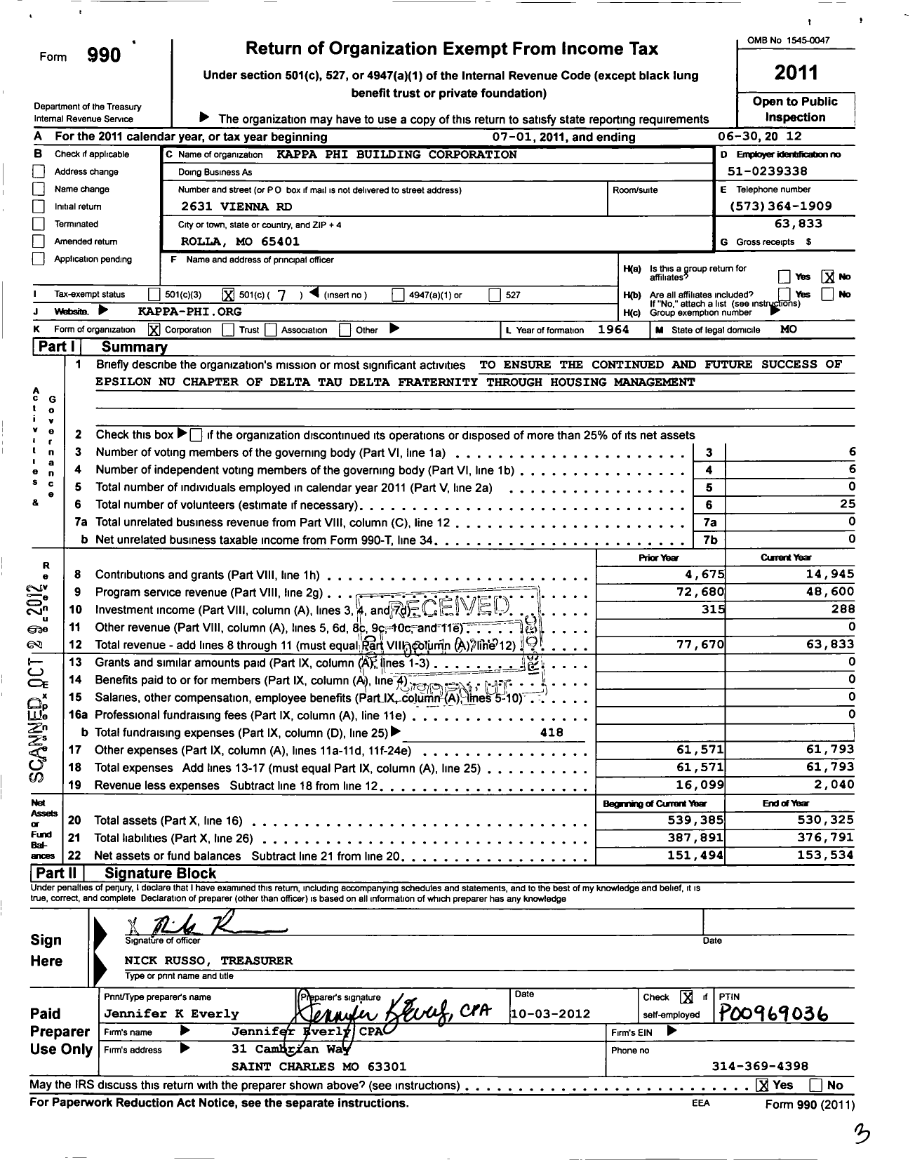 Image of first page of 2011 Form 990O for Kappa Phi Building Corporation