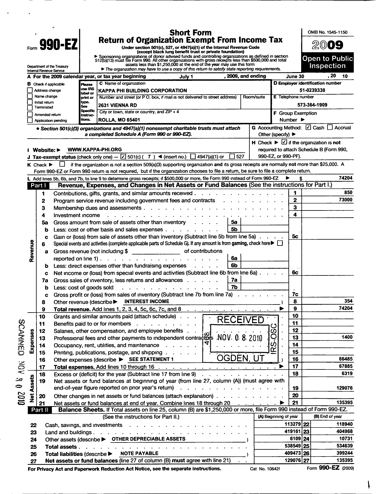 Image of first page of 2009 Form 990EO for Kappa Phi Building Corporation