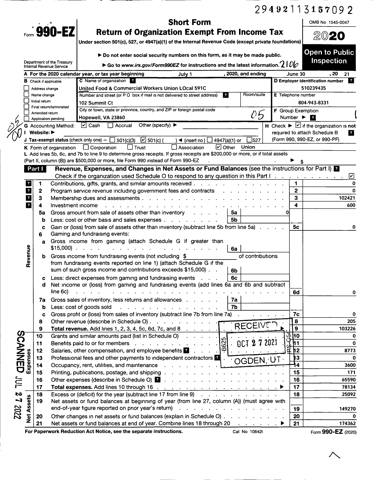 Image of first page of 2020 Form 990EO for United Food & Commercial Workers Union - 591c Local