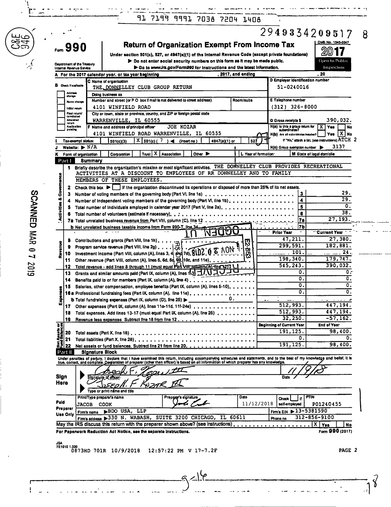 Image of first page of 2017 Form 990O for Donnelley Club Group Return