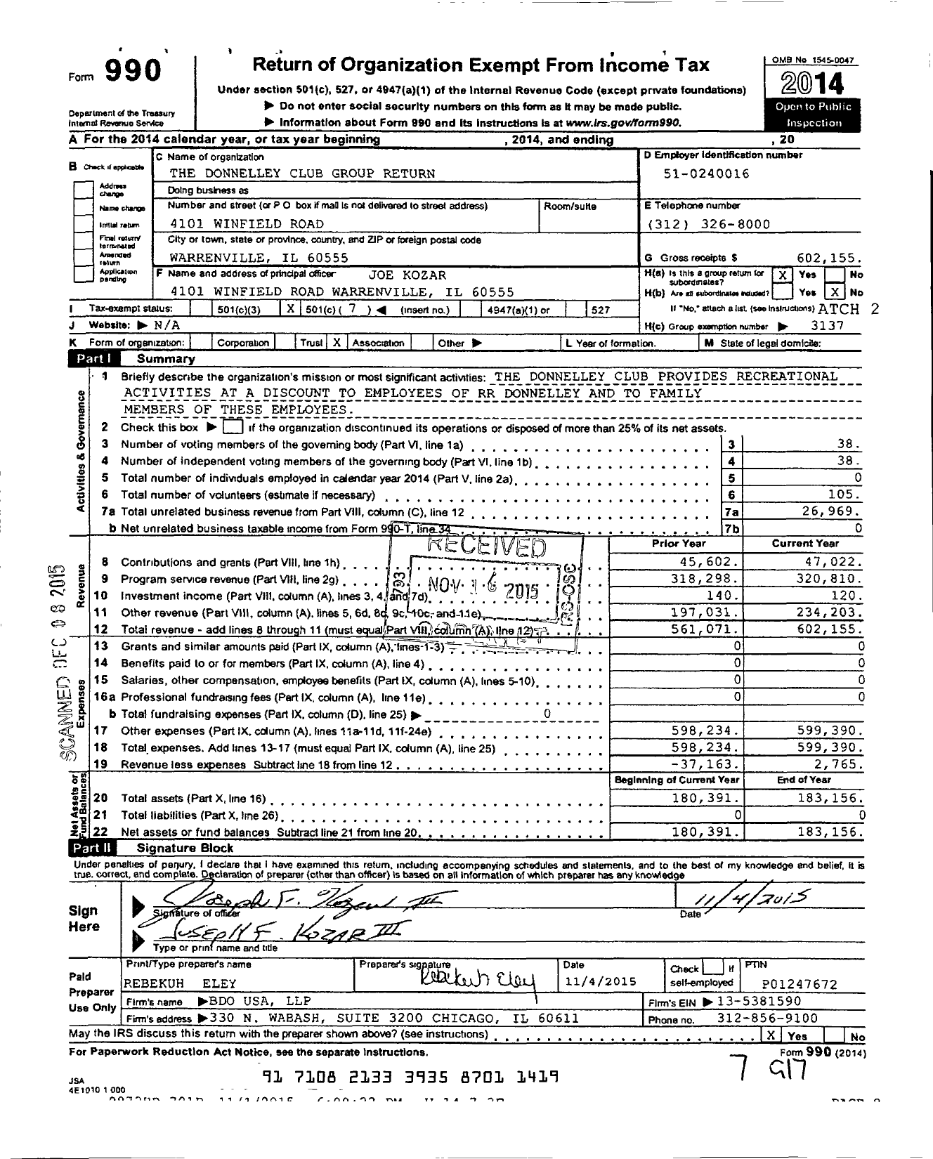 Image of first page of 2014 Form 990O for Donnelley Club Group Return