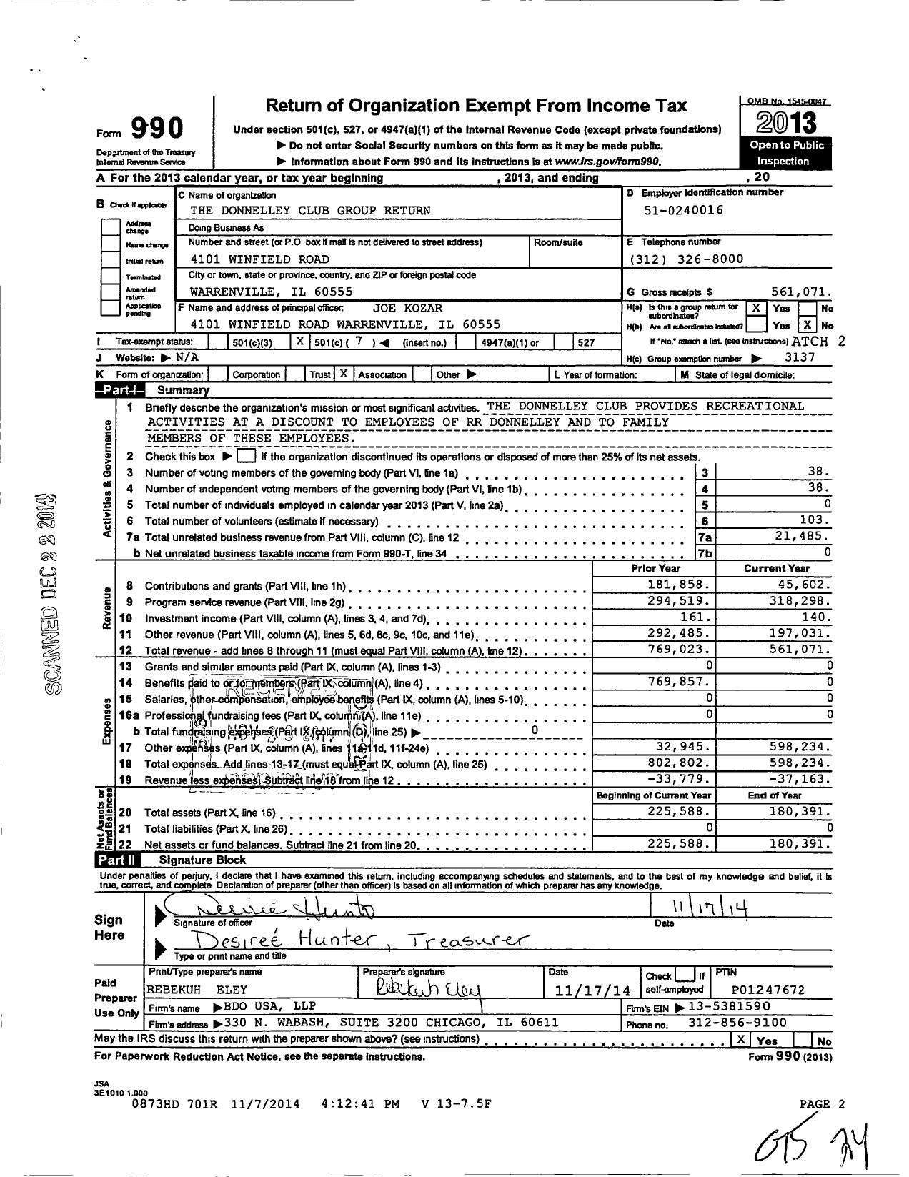 Image of first page of 2013 Form 990O for Donnelley Club Group Return